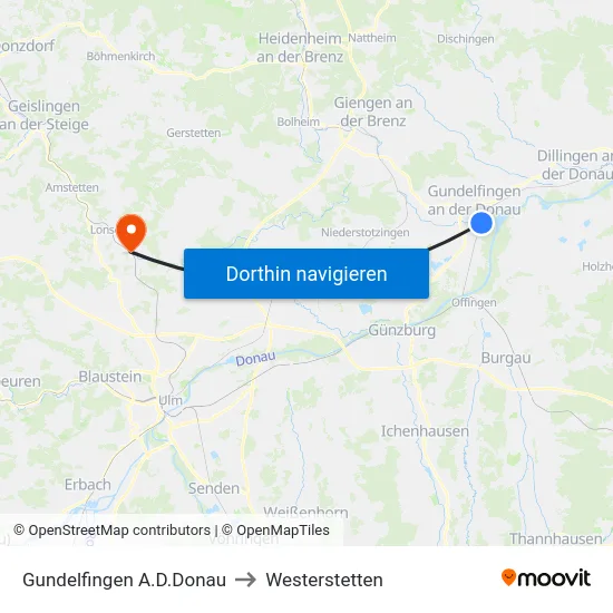 Gundelfingen A.D.Donau to Westerstetten map