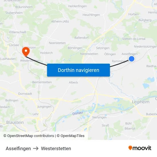Asselfingen to Westerstetten map