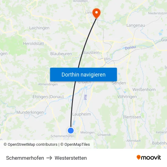 Schemmerhofen to Westerstetten map