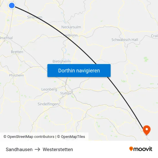 Sandhausen to Westerstetten map