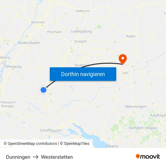 Dunningen to Westerstetten map