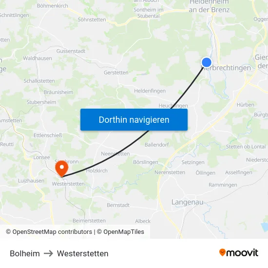 Bolheim to Westerstetten map