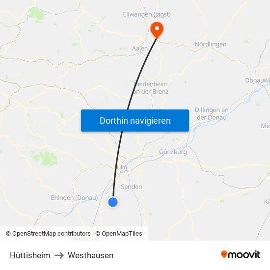 Hüttisheim to Westhausen map