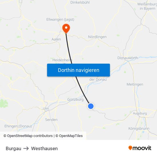 Burgau to Westhausen map