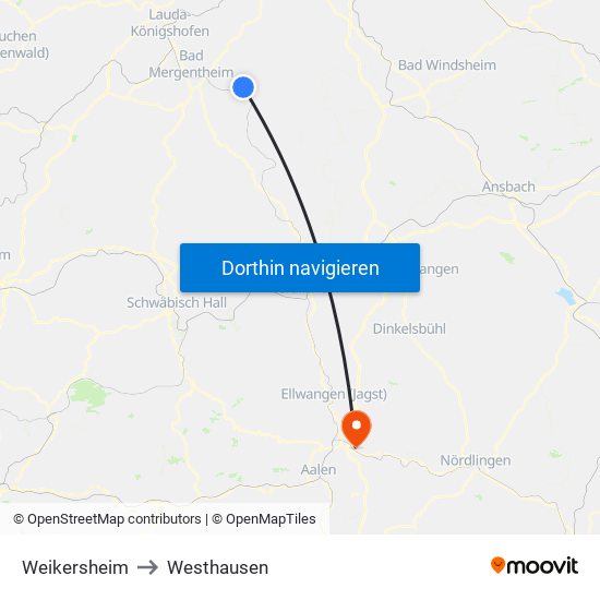 Weikersheim to Westhausen map