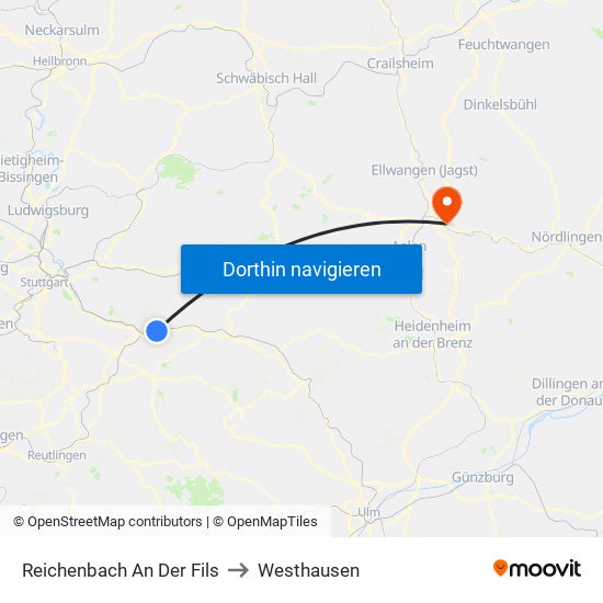 Reichenbach An Der Fils to Westhausen map