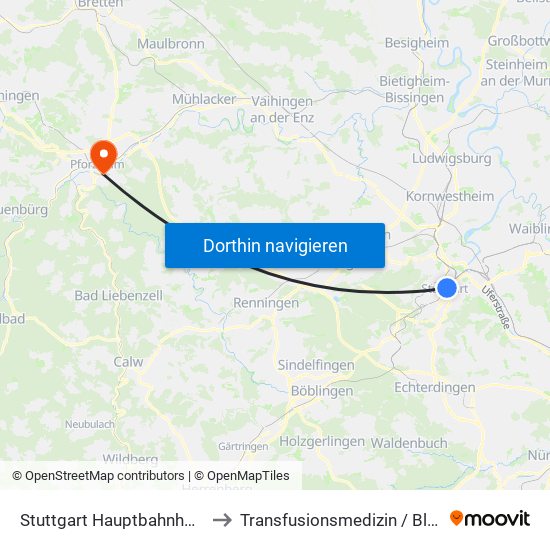 Stuttgart Hauptbahnhof (Oben) to Transfusionsmedizin / Blutspende map