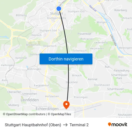 Stuttgart Hauptbahnhof (Oben) to Terminal 2 map