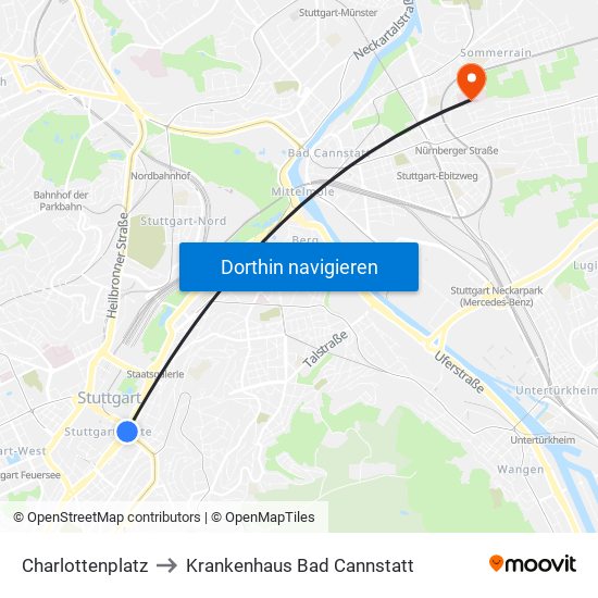 Charlottenplatz to Krankenhaus Bad Cannstatt map