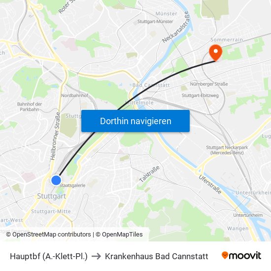 Hauptbf (A.-Klett-Pl.) to Krankenhaus Bad Cannstatt map