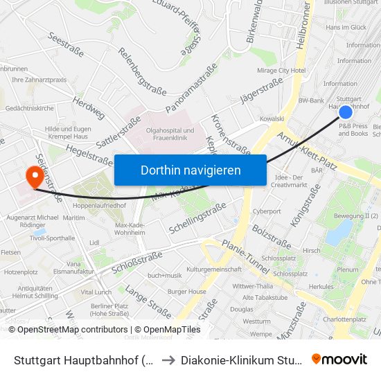 Stuttgart Hauptbahnhof (Oben) to Diakonie-Klinikum Stuttgart map