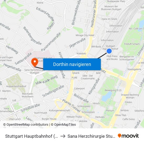 Stuttgart Hauptbahnhof (Oben) to Sana Herzchirurgie Stuttgart map