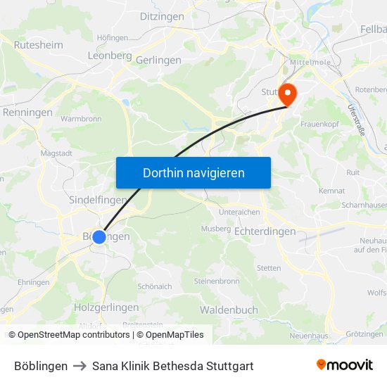 Böblingen to Sana Klinik Bethesda Stuttgart map