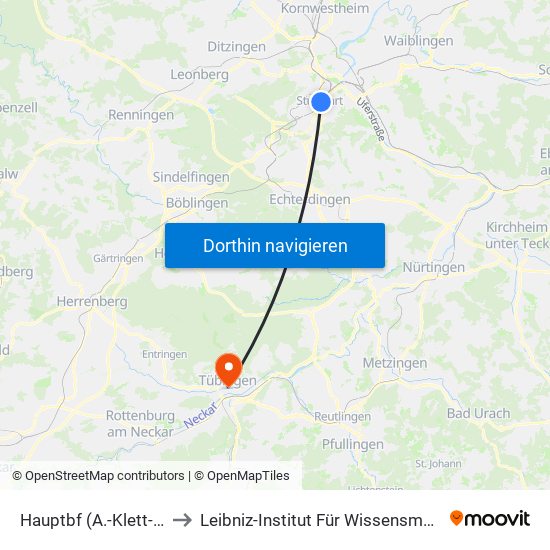 Hauptbf (A.-Klett-Pl.) to Leibniz-Institut Für Wissensmedien map