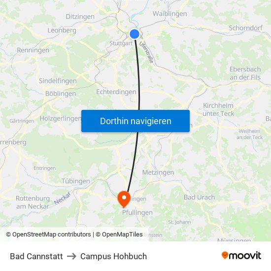 Bad Cannstatt to Campus Hohbuch map