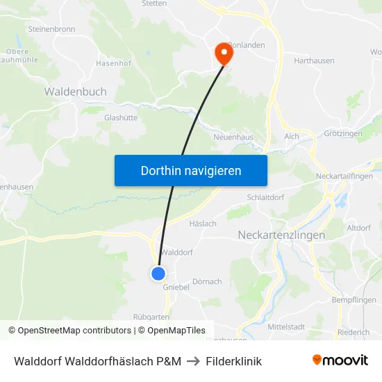 Walddorf Walddorfhäslach P&M to Filderklinik map