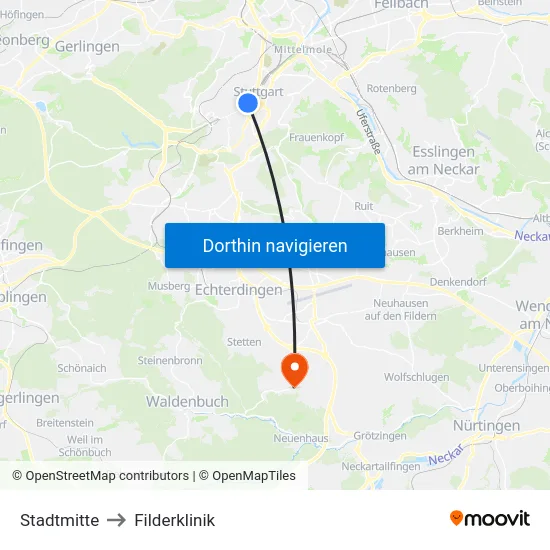 Stadtmitte to Filderklinik map
