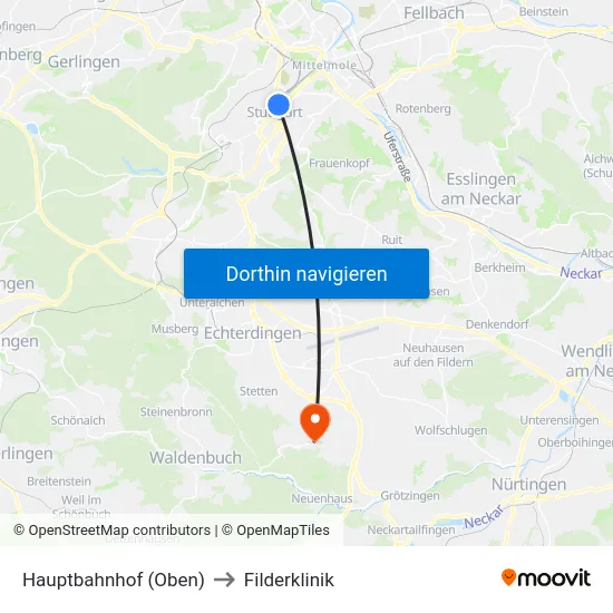 Hauptbahnhof (Oben) to Filderklinik map