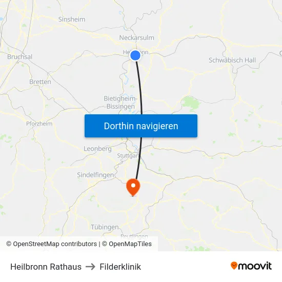 Heilbronn Rathaus to Filderklinik map