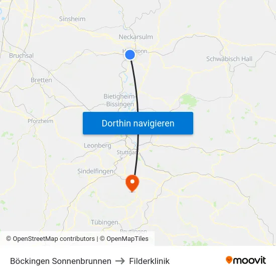 Böckingen Sonnenbrunnen to Filderklinik map