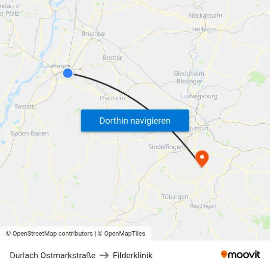 Durlach Ostmarkstraße to Filderklinik map