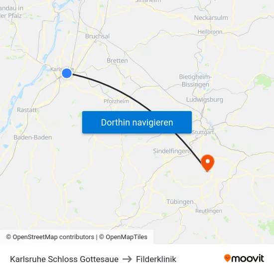 Karlsruhe Schloss Gottesaue to Filderklinik map