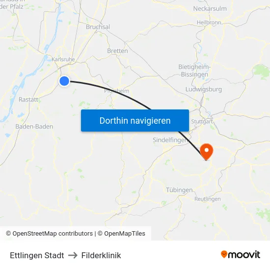 Ettlingen Stadt to Filderklinik map