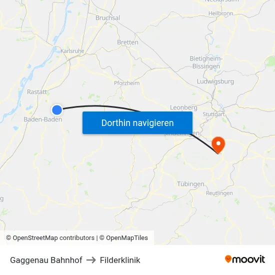 Gaggenau Bahnhof to Filderklinik map