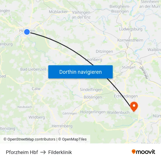 Pforzheim Hbf to Filderklinik map