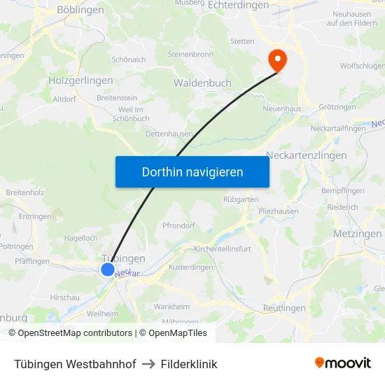 Tübingen Westbahnhof to Filderklinik map