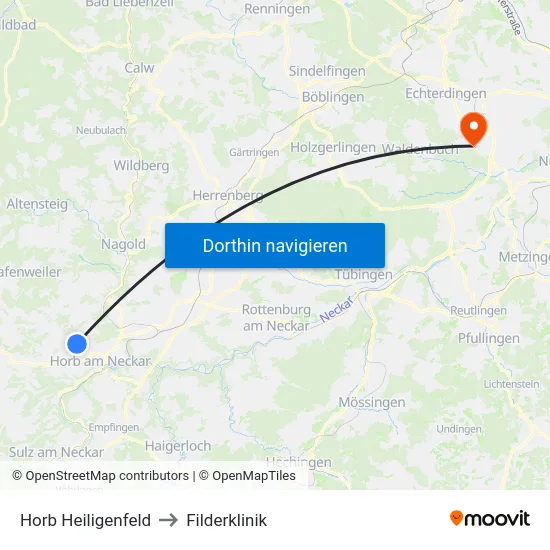 Horb Heiligenfeld to Filderklinik map