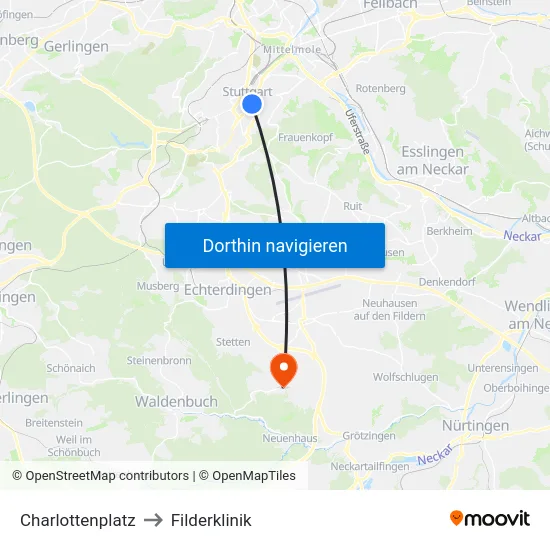Charlottenplatz to Filderklinik map