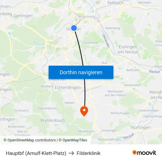 Hauptbf (Arnulf-Klett-Platz) to Filderklinik map