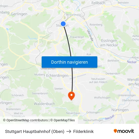 Stuttgart Hauptbahnhof (Oben) to Filderklinik map