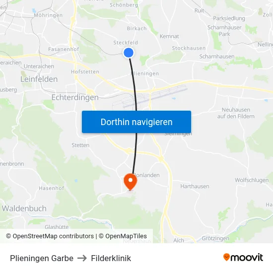Plieningen Garbe to Filderklinik map