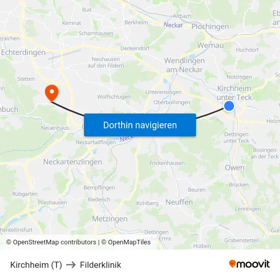 Kirchheim (T) to Filderklinik map