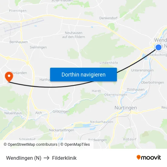 Wendlingen (N) to Filderklinik map