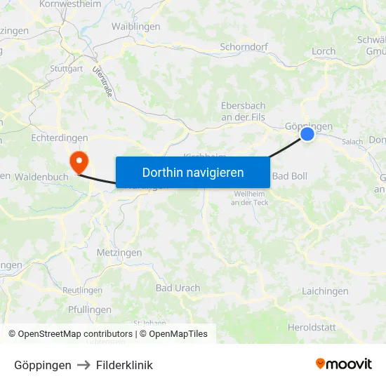 Göppingen to Filderklinik map