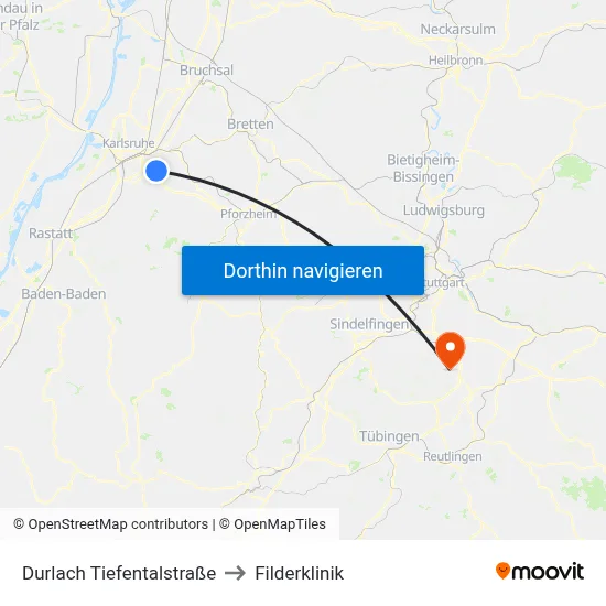 Durlach Tiefentalstraße to Filderklinik map