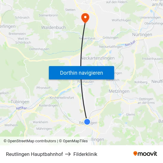 Reutlingen Hauptbahnhof to Filderklinik map