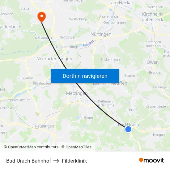 Bad Urach Bahnhof to Filderklinik map