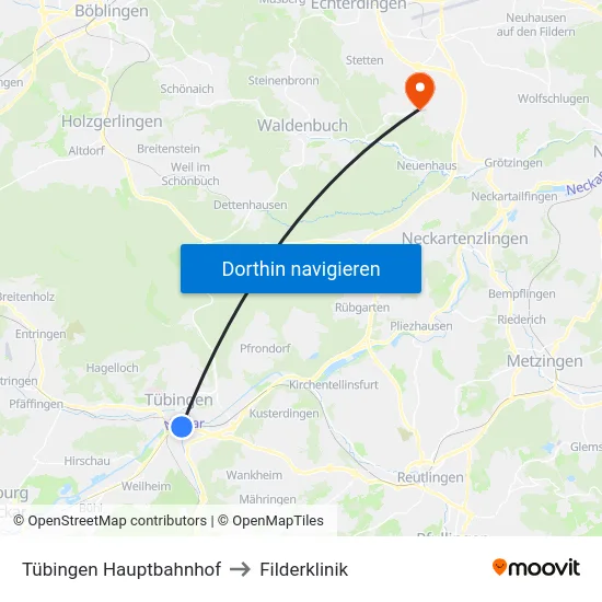 Tübingen Hauptbahnhof to Filderklinik map