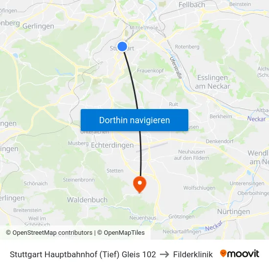 Stuttgart Hauptbahnhof (Tief) Gleis 102 to Filderklinik map