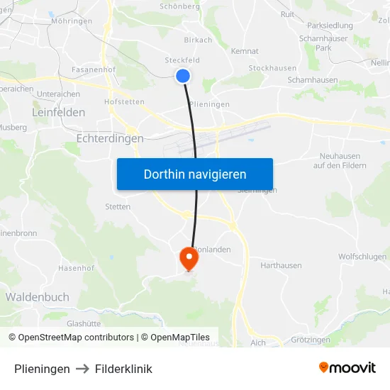 Plieningen to Filderklinik map