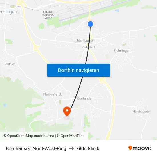 Bernhausen Nord-West-Ring to Filderklinik map