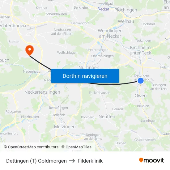 Dettingen (T) Goldmorgen to Filderklinik map