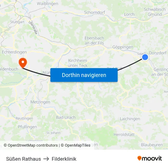 Süßen Rathaus to Filderklinik map