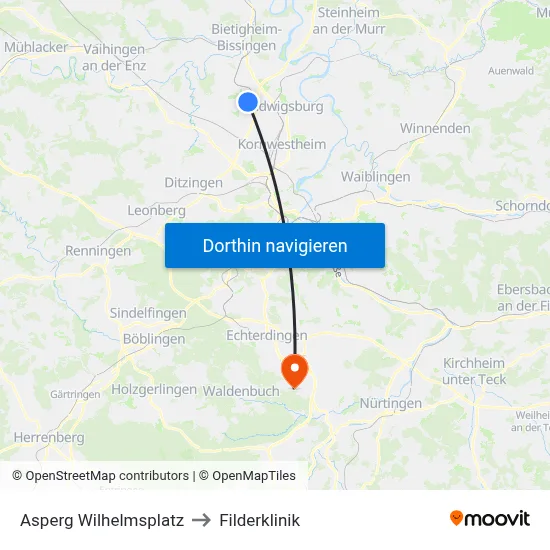 Asperg Wilhelmsplatz to Filderklinik map