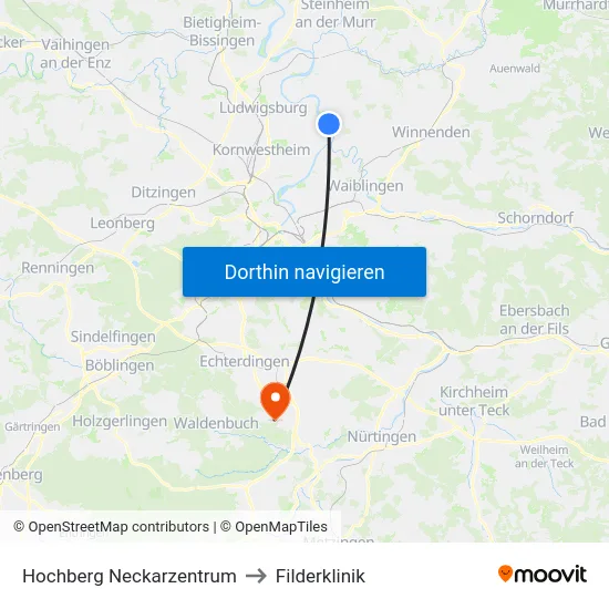 Hochberg Neckarzentrum to Filderklinik map