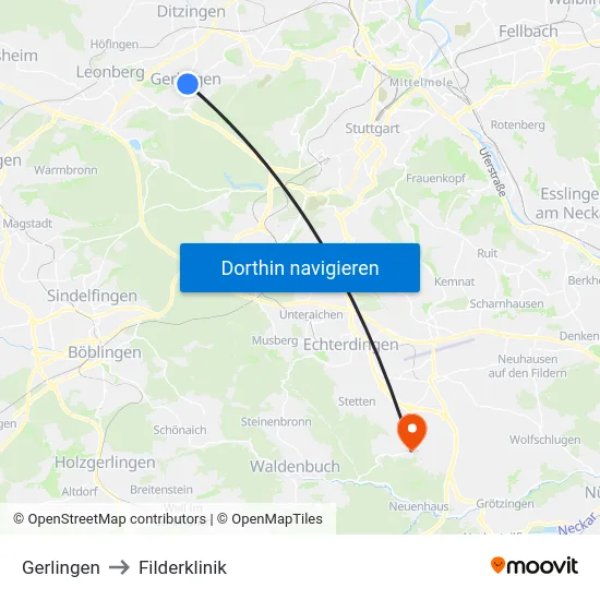 Gerlingen to Filderklinik map